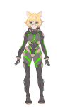  1girl :3 animal_ears arms_at_sides black_bodysuit black_gloves blonde_hair bodysuit cat_ears closed_mouth commentary_request concept_art dot_nose enkyo_yuuichirou full_body gloves looking_at_viewer original pince-nez short_hair solo standing translated white_gloves 