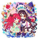  2girls ;d bangs black_bow black_hair blush bow character_request crystal dress eyebrows_visible_through_hair flower hat hibi89 holding_hands long_hair looking_at_another merc_storia multiple_girls one_eye_closed open_mouth orange_eyes red_flower red_rose redhead rose smile star_(symbol) two_side_up very_long_hair violet_eyes white_flower white_rose witch_hat 