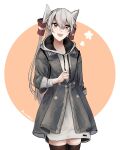  1girl amatsukaze_(kancolle) arm_behind_back bangs black_legwear brown_eyes grey_hair grey_jacket hair_between_eyes hair_tubes highres hood hood_down jacket kantai_collection long_hair nidou open_mouth signature simple_background solo thigh-highs two-tone_background two_side_up 