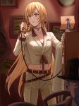  1girl belt blonde_hair brown_belt brown_jacket brown_pants brown_suit collarbone eyebrows_visible_through_hair formal girls_frontline hair_ornament hair_ribbon highres holding holding_clothes holding_jacket holding_letter holding_phone holster jacket jewelry letter long_hair looking_away navel necklace ots-14_(girls_frontline) pants phone picture_(object) ribbon silayloe simple_background solo standing star_(symbol) star_necklace suit yellow_eyes 