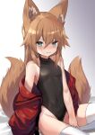  1girl animal_ear_fluff animal_ears black_leotard blush breasts brown_hair commentary_request covered_navel eyebrows_visible_through_hair fox_ears fox_tail gradient gradient_background green_eyes grey_background hair_between_eyes kokonoe_tsubaki leotard long_hair looking_at_viewer original sitting small_breasts solo tail thigh-highs thighs white_legwear yoshizawa_tsubaki 