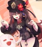  1girl black_headwear black_shorts brown_hair chinese_clothes closed_eyes cowboy_shot ddangbi english_text fang flower genshin_impact ghost hat hu_tao jewelry open_mouth red_eyes red_flower ring short_shorts shorts smile symbol-shaped_pupils twintails 