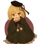  1girl bangs black_headwear blonde_hair blunt_bangs child commentary_request contrapposto dress fate_(series) green_dress hands_on_own_cheeks hands_on_own_face hands_up hat highres long_sleeves looking_at_viewer lord_el-melloi_ii_case_files open_mouth reines_el-melloi_archisorte ribbon rorikon_shinshi simple_background sleeves_past_wrists smile solo tilted_headwear upper_teeth white_background wide_sleeves 