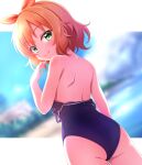  1girl ass ayase_midori back bangs bare_shoulders blurry blurry_background blush clothes_down commentary_request dutch_angle eyebrows_visible_through_hair green_eyes hair_ribbon idolmaster idolmaster_cinderella_girls looking_at_viewer medium_hair orange_hair orange_ribbon ribbon sakurai_momoka sidelocks smile solo swimsuit 
