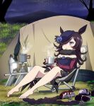  1girl animal_ears barefoot black_hair camping chair cup dirty_footwear folding_chair grass hair_over_one_eye hat highres holding horse_ears knives_(knives777) lantern legwear_removed long_hair night night_sky off_shoulder outdoors rice_shower season_connection shoes_removed sitting sky solo steam tent umamusume violet_eyes yurucamp 