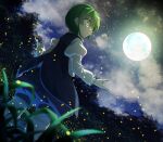  1girl :o antennae bangs black_cape blue_shorts blurry blurry_foreground cape clouds cloudy_sky dutch_angle feet_out_of_frame fireflies from_below full_moon green_eyes green_hair hair_between_eyes highres juliet_sleeves kakutasu_(akihiron_cactus) long_sleeves looking_to_the_side moon night night_sky outdoors parted_lips puffy_sleeves shirt shorts sky solo standing star_(sky) touhou tree white_shirt wriggle_nightbug 