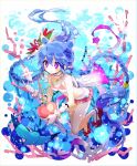  1girl absurdly_long_hair bangs blue_hair blurry bokeh bow braid bubble character_request coral depth_of_field eyebrows_visible_through_hair fish footwear_bow gloves heart hibi89 highres holding holding_heart jewelry long_hair manta_ray merc_storia necklace red_footwear smile solo sparkle swimsuit twin_braids underwater very_long_hair violet_eyes white_gloves 