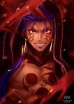  1boy beads blue_hair bodypaint character_name closed_mouth cu_chulainn_(fate)_(all) cu_chulainn_alter_(fate/grand_order) dark_persona earrings facepaint fate/grand_order fate_(series) grin hair_beads hair_ornament highres hood hood_up jewelry kageji long_hair looking_at_viewer male_focus muscular muscular_male nipples ponytail red_eyes sharp_teeth shirtless smile solo spiky_hair tan teeth 