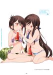  2girls :t a_channel barefoot bikini black_hair blush breasts cowlick eating flat_chest food fruit hair_ornament hairclip halterneck highres ichii_tooru kuroda_bb long_hair multiple_girls navel nishi_yuuko non-web_source o-ring o-ring_bikini one_eye_closed page_number polka_dot polka_dot_bikini red_eyes seed short_hair side-tie_bikini sidelocks simple_background sitting striped striped_bikini swimsuit very_long_hair wariza watermelon wavy_mouth white_background x_hair_ornament yokozuwari 