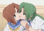  2girls aru_aru blue_eyes blue_neckwear brown_hair cheek-to-cheek eye_contact green_eyes green_hair higurashi_no_naku_koro_ni imminent_kiss long_hair looking_at_another multiple_girls necktie ryuuguu_rena school_uniform serafuku short_hair smile sonozaki_shion translation_request yuri 