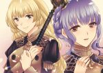  2girls asa_(asakisafe1) bangs black_jacket blonde_hair blue_hair commentary_request eyebrows_visible_through_hair fire_emblem fire_emblem:_three_houses garreg_mach_monastery_uniform grey_eyes hands_up highres holding holding_spear holding_weapon ingrid_brandl_galatea jacket long_hair long_sleeves looking_at_viewer luin_(fire_emblem) marianne_von_edmund multiple_girls parted_lips polearm short_hair smile spear upper_body weapon 