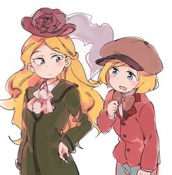  1boy 1girl be_(ronironibebe) blonde_hair blue_eyes bow bowtie cabbie_hat coat estella_havisham frilled_neckwear hand_on_hip hat long_hair phillip_pirrup short_hair smile south_park 