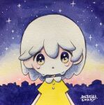  1girl dated dress highres medium_hair original parted_lips short_sleeves signature sky solo star_(sky) starry_sky tears traditional_media upper_body white_hair yellow_dress yellow_eyes zukky000 