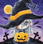  +_+ 1girl bat black_headwear dated grey_eyes grey_hair hair_over_one_eye halloween hat highres jack-o&#039;-lantern long_hair night open_mouth original outline signature smile solo upper_body white_outline witch_hat zukky000 