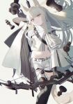  1girl animal_ears arknights bangs bow chess_piece grey_eyes highres holding holding_weapon horse_ears ji_mag_(artist) kneehighs long_hair long_sleeves looking_at_viewer pale_skin platinum_(arknights) shirt shorts solo stomach weapon white_shirt 