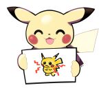  :3 :d artsy-rc child_drawing closed_eyes commentary english_commentary facing_viewer gen_1_pokemon highres holding holding_drawing holding_sign no_humans open_mouth pikachu pokemon sign signature simple_background smile solo white_background 