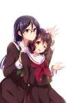  2girls black_hair blue_eyes blush brown_eyes brown_hair brown_shirt brown_skirt closed_mouth flower glasses hair_flower hair_ornament hand_on_another&#039;s_shoulder hibike!_euphonium holding holding_flower kitauji_high_school_uniform komugiko long_hair long_sleeves looking_at_viewer multiple_girls neckerchief one_eye_closed open_mouth oumae_kumiko pleated_skirt red-framed_eyewear red_neckwear sailor_collar school_uniform serafuku shirt short_hair simple_background skirt smile standing tanaka_asuka uniform white_background white_sailor_collar 