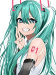  1girl aqua_hair aqua_nails bare_shoulders blue_eyes blush fingernails hair_between_eyes hatsune_miku highres light_blush long_hair looking_at_viewer nail_polish number simple_background smile solo teeth twintails upper_body vocaloid white_background yami_ga_fukami 