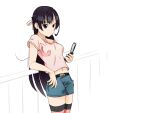  1girl boa_(brianoa) breasts cellphone character_request closed_mouth denim denim_shorts hair_ribbon long_hair looking_at_viewer navel phone ribbon shorts solo striped striped_legwear thigh-highs 