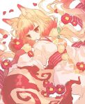  1girl animal_ear_fluff animal_ears bangs black_gloves blonde_hair brown_eyes character_request closed_mouth flower fox_ears fox_tail gloves gradient_hair hair_ornament hair_pom_pom hibi89 holding holding_flower japanese_clothes kimono long_hair low_twintails merc_storia multicolored_hair obi petals red_flower sash solo tail twintails very_long_hair wide_sleeves 