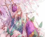  1boy brown_hair character_request flower fox_mask fur_hat glasses green_eyes green_kimono hat hibi89 holding holding_staff japanese_clothes kimono kiseru long_hair long_sleeves mask merc_storia pipe round_eyewear sitting smoking solo staff very_long_hair wide_sleeves wisteria 