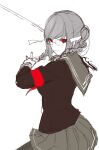  1girl absurdres black_jacket braid closed_mouth dangan_ronpa_(series) eyebrows_visible_through_hair feet_out_of_frame ff_frbb122 grey_hair grey_skirt hair_ribbon highres holding holding_sword holding_weapon jacket long_hair looking_at_viewer pekoyama_peko red_eyes ribbon school_uniform skirt solo standing sword twintails weapon white_background white_ribbon 