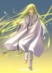  1other absurdres androgynous bangs chain cloak enkidu_(fate) enkidu_(weapon)_(fate) fate/grand_order fate_(series) floating_hair gold_chain green_hair hair_between_eyes highres jewelry long_hair looking_at_viewer marimo_(nogdujeon) necklace pants smile solo very_long_hair walking white_cloak white_pants yellow_eyes 