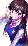  1girl 2pineapplepizza bangs breasts brown_hair d.va_(overwatch) eyebrows_visible_through_hair eyelashes facepaint facial_mark fingernails grey_skirt grin highres korean_commentary long_fingernails long_hair long_sleeves looking_at_viewer medium_breasts multicolored_hair nail_polish necktie overwatch pink_hair pink_nails pink_neckwear simple_background skirt smile solo sweater_vest upper_body v whisker_markings white_background 