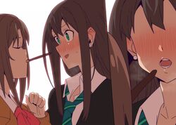  2girls blush brown_hair cardigan closed_eyes commentary_request earrings erere food food_in_mouth green_eyes green_neckwear idolmaster idolmaster_cinderella_girls jewelry long_hair looking_at_another mouth_hold multiple_girls necktie open_mouth pocky pocky_kiss school_uniform shibuya_rin shimamura_uzuki yuri 