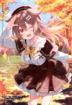  1girl ;d absurdres animal_ears autumn autumn_leaves bangs blush bone_hair_ornament bow bowtie braid breasts brown_eyes brown_hair brown_skirt buttons capelet cartoon_bone day dog_ears dog_girl dog_tail eyebrows_visible_through_hair fangs feet_out_of_frame fukahire_(ruinon) ginkgo_leaf hair_between_eyes hair_ornament hairclip hand_up high-waist_skirt highres hololive inugami_korone leaf long_hair looking_at_viewer low_twin_braids maple_leaf one_eye_closed open_mouth outdoors plaid plaid_bow shirt skirt smile solo tail twin_braids virtual_youtuber white_shirt yellow_bow 
