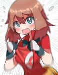  1girl bangs blurry blush breasts brown_hair collared_shirt commentary_request fang fanny_pack flying_sweatdrops gloves green_eyes hair_between_eyes highres holding hyou_(hyouga617) looking_at_viewer may_(pokemon) open_mouth pokemon pokemon_(game) pokemon_rse popped_collar red_shirt shirt short_sleeves simple_background tongue white_background 