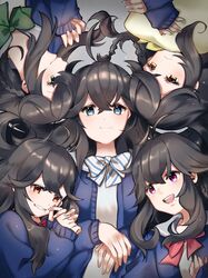  1girl ahoge bangs black_hair blue_eyes blush bow eyebrows_visible_through_hair hair_between_eyes highres izumo_kasumi_(nijisanji) jacket long_hair long_sleeves looking_at_viewer mole mole_under_mouth multiple_views nijisanji open_mouth pomuo school_uniform smile virtual_youtuber 