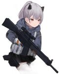  1girl cowboy_shot girls_frontline gloves gun handgun highres hk33_(girls_frontline) holding holding_gun holding_weapon pistol rampart1028 red_eyes rifle scope silver_hair skirt solo sweatshirt thighhighs_under_boots trigger_discipline weapon white_background 