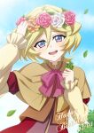  1girl :d arm_up bangs blonde_hair blue_sky blush brown_capelet carol_malus_dienheim dated dress eyebrows_visible_through_hair flower hair_between_eyes hair_flower hair_ornament happy_birthday head_wreath long_sleeves looking_at_viewer medium_hair miona_yui mole mole_under_eye multicolored multicolored_eyes open_mouth orange_flower orange_rose pink_flower pink_rose rose senki_zesshou_symphogear sky smile solo standing upper_body white_flower white_rose 