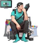  1boy aqua_legwear aqua_shirt backpack bag baseball_cap black_hair black_pants full_body hand_up hat highres jewelry male_focus necklace original pants profile ring rinotuna shirt short_hair short_sleeves sitting smile socks solo stylus 