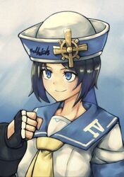  0g0nn 1girl april_(guilty_gear) black_hair blue_eyes english_text fingerless_gloves gloves guilty_gear guilty_gear_xrd hat highres looking_at_viewer portrait rudder sailor sailor_hat short_hair smile straight_hair 