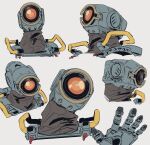  1boy apex_legends grey_background head_tilt highres looking_ahead looking_at_viewer looking_to_the_side looking_up multiple_views no_humans one-eyed orange_eyes pathfinder_(apex_legends) robot science_fiction waving y_(user_rjry7778) 