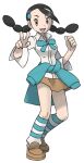  1girl :d black_hair breasts brown_eyes candice_(pokemon) clenched_hand clothes_around_waist full_body gym_leader hair_ornament hairclip long_hair multi-tied_hair official_art open_mouth pokemon pokemon_(game) pokemon_dppt shirt shoes skirt smile solo standing striped striped_legwear sugimori_ken sweater sweater_around_waist tongue transparent_background twintails v 