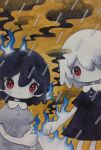  2girls bandaged_arm bandages black_dress black_hair blue_fire dated dress expressionless fire grey_dress hair_over_one_eye highres looking_at_viewer medium_hair multiple_girls no_nose original rain red_eyes short_sleeves signature thumbs_up white_hair zukky000 