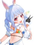  1girl :d absurdres animal_ear_fluff animal_ears back backless_coat bangs bare_back black_gloves blue_hair blush braid bunny-shaped_pupils bunny_tail carrot_hair_ornament coat detached_sleeves food_themed_hair_ornament from_behind fur-trimmed_gloves fur_scarf fur_trim gloves hair_ornament hair_over_shoulder highres hikimayu hololive kohe_billialot long_hair looking_at_viewer multicolored_hair open_mouth orange_eyes puffy_short_sleeves puffy_sleeves rabbit_ears rabbit_girl scarf short_eyebrows short_sleeves simple_background smile solo strapless_coat swept_bangs tail twin_braids twintails two-tone_hair upper_body upper_teeth usada_pekora v virtual_youtuber white_background white_coat white_hair white_scarf white_sleeves 