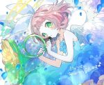  1girl angel_wings bangs bare_shoulders blue_dress blunt_bangs blush bow character_request dress feathered_wings flower green_eyes hair_bow hibi89 holding holding_flower holding_instrument instrument looking_at_viewer merc_storia off-shoulder_dress off_shoulder petals short_hair sleeveless sleeveless_dress solo white_bow wings 