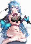  1girl absurdres barefoot blue_eyes blue_hair breasts bug butterfly demon_tail demon_wings earrings hair_ornament hairclip hatsune_miku highres insect jewelry kazanock long_hair medium_breasts no_pants pubic_tattoo sitting solo tail tattoo twintails very_long_hair vocaloid wings 