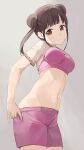  1girl bangs blunt_bangs breasts brown_hair closed_mouth double_bun grey_background highres hiroki_(yyqw7151) idolmaster idolmaster_shiny_colors looking_at_viewer medium_breasts midriff navel pink_shorts red_eyes short_hair shorts simple_background solo sonoda_chiyoko sweat 