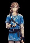  1boy bangs belt bibabunie black_background black_gloves blue_eyes blue_tunic closed_mouth earrings fingerless_gloves flower gloves highres jewelry light_brown_hair link male_focus petals pointy_ears simple_background solo the_legend_of_zelda the_legend_of_zelda:_breath_of_the_wild tunic 