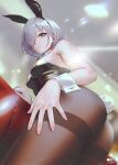  1girl animal_ears ass bob_cut ceiling detached_sleeves foreshortening from_below grey_eyes grey_hair hair_over_one_eye hand_on_hip highres infinote light_particles light_rays looking_at_viewer original pantyhose perspective playboy_bunny rabbit_ears sashou_mihiro signature solo 