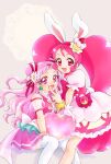  2girls :d aizen_(syoshiyuki) animal_ears cake_hair_ornament commentary_request cure_whip cure_yell dress earrings extra_ears eyelashes flower food food_themed_clothes food_themed_hair_ornament gloves hair_cones hair_flower hair_ornament hair_ribbon happy heart highres hugtto!_precure jewelry kirakira_precure_a_la_mode long_hair looking_at_viewer magical_girl multiple_girls nono_hana open_mouth petticoat pink_dress pink_eyes pink_hair pink_shirt pink_skirt pom_pom_(clothes) pom_pom_earrings precure puffy_sleeves rabbit_ears ribbon shirt sitting skirt smile thigh-highs thighs usami_ichika v 