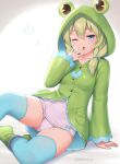  1girl animal_hood arm_support blue_eyes blue_legwear covering_mouth frog_hood green_hair hair_over_shoulder hand_over_own_mouth hand_up hood hood_up kaeru_(sasaame) long_sleeves looking_at_viewer one_eye_closed original parted_lips pink_swimsuit raincoat sasaame solo swimsuit swimsuit_under_clothes symbol_commentary thigh-highs twitter_username yawning 