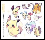  :3 :d anniversary artsy-rc character_request commentary copyright_name english_commentary gen_1_pokemon gen_2_pokemon gen_3_pokemon gen_7_pokemon gen_8_pokemon highres logo minun morpeko morpeko_(full) no_humans open_mouth pichu pikachu plusle pokemon pokemon_(creature) smile sparkle togedemaru trait_connection 