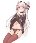  1girl :&lt; amatsukaze_(kancolle) bangs black_dress black_panties blush breasts brown_eyes choker closed_mouth dress dress_lift eyebrows_visible_through_hair gloves grey_neckwear hair_tubes highres innertube kantai_collection lifted_by_self long_hair long_sleeves panties red_legwear sailor_collar sailor_dress signature silver_hair simple_background single_glove small_breasts solo swd3e2 underwear white_background white_gloves 