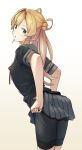  1girl abukuma_(kancolle) bike_shorts black_shorts blonde_hair blue_eyes blush cowboy_shot eyebrows_visible_through_hair grey_sailor_collar grey_skirt hair_between_eyes hair_rings highres kantai_collection long_hair negahami parted_lips pleated_skirt remodel_(kantai_collection) sailor_collar short_sleeves shorts shorts_under_skirt skirt solo 